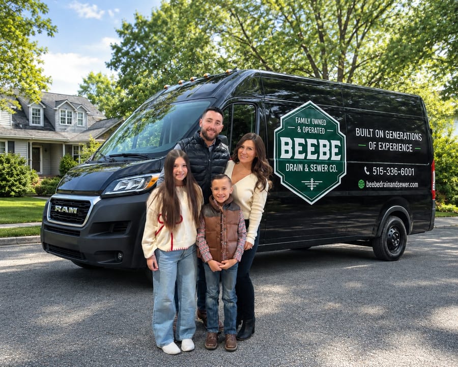 Jarrod Beebe and family in front of the Beebe Drain & Sewer Co. van